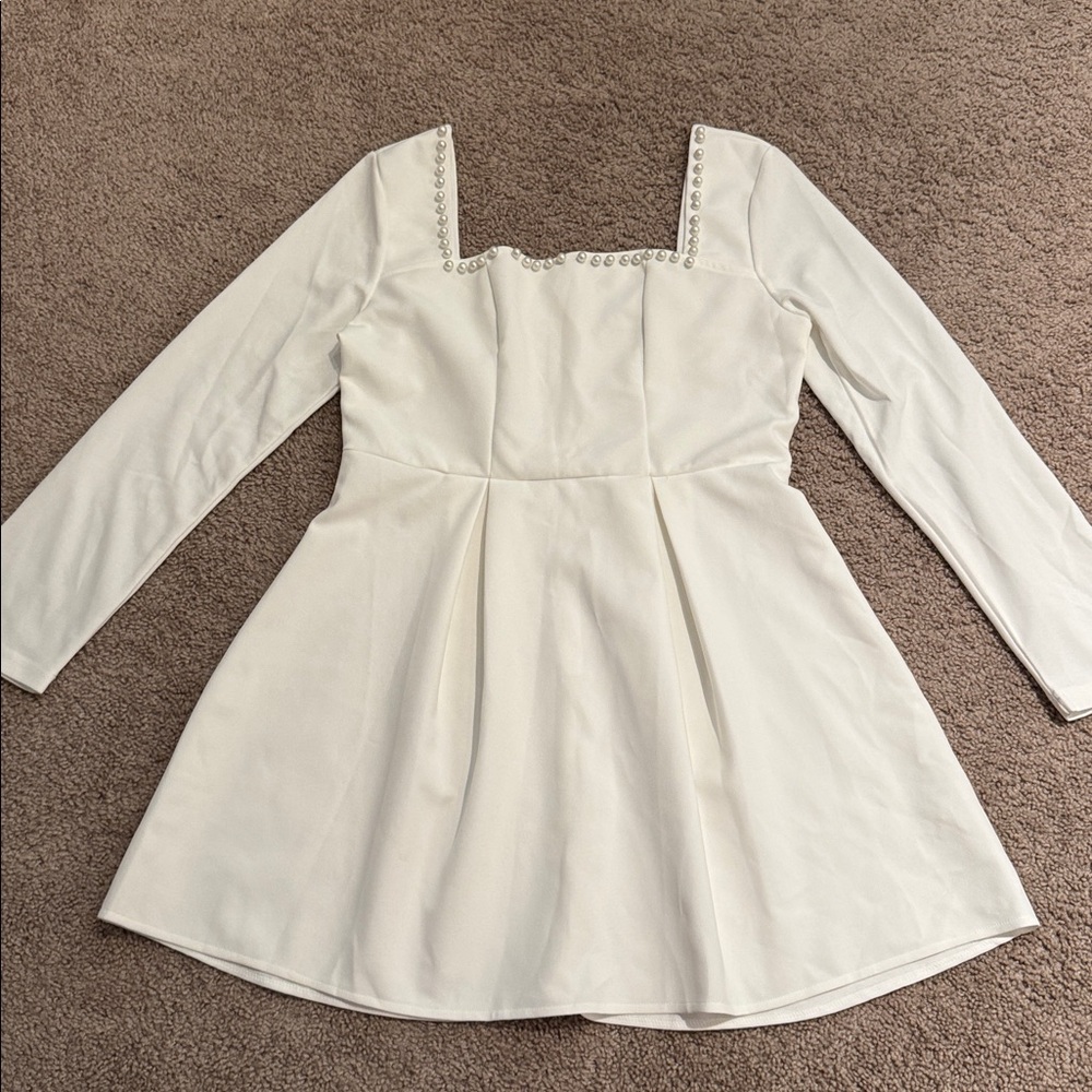 White Long Sleeve Square Neck Mini Dress with Pearl Trim